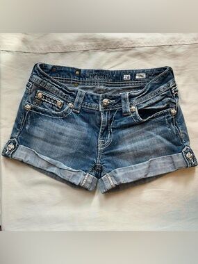 Y2K McBling Preppy Low Rise Medium Wash Embellished Folded Hem Shorts by Miss Me